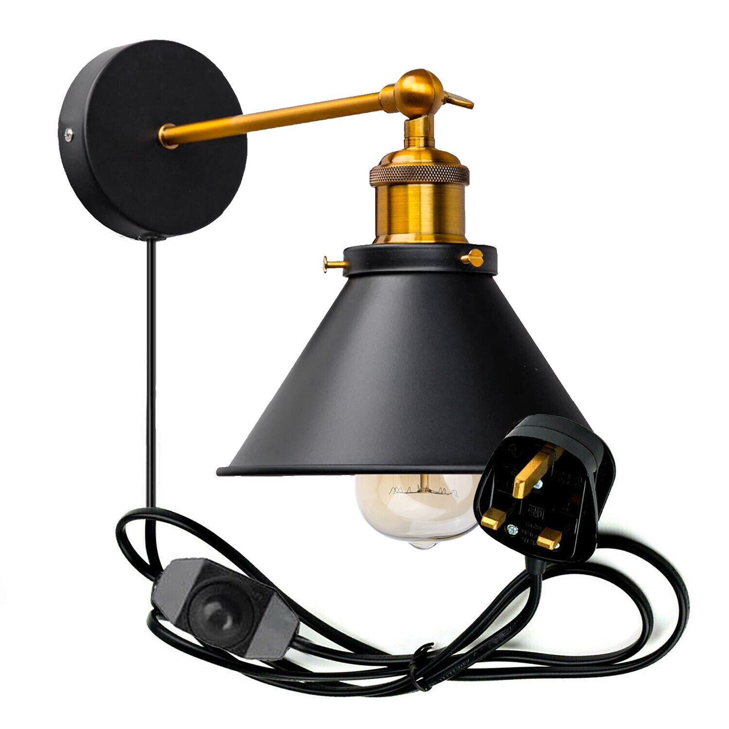 Vintage Industrial Black Wall Light Sconce Indoor Metal Cone Plug in