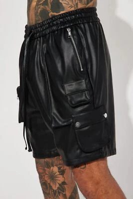 Nouveaux Shorts En Cuir Noir Pour Hommes Style Cargo Café Racer - Photo 1/4