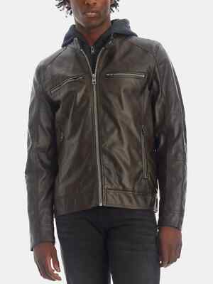 Guess Hooded Faux Leather Jacket Dark Brown Medium Male