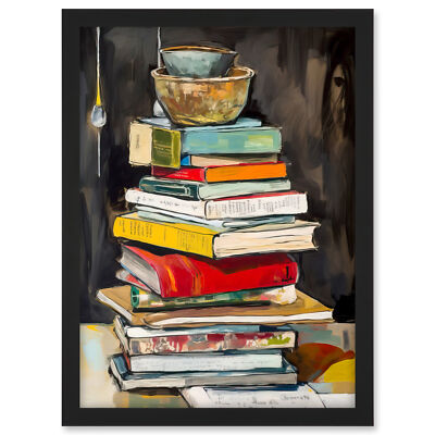 Ein Stapel Rezept Kochbücher mit Schüsseln oben gerahmt Wandbild Bild Druck A3