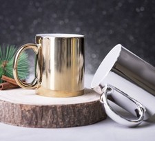 Ceramic Mugs Large 350 ml Coffee Tea Cups Metallic Silver Gold  Kitchen Cafe UK
