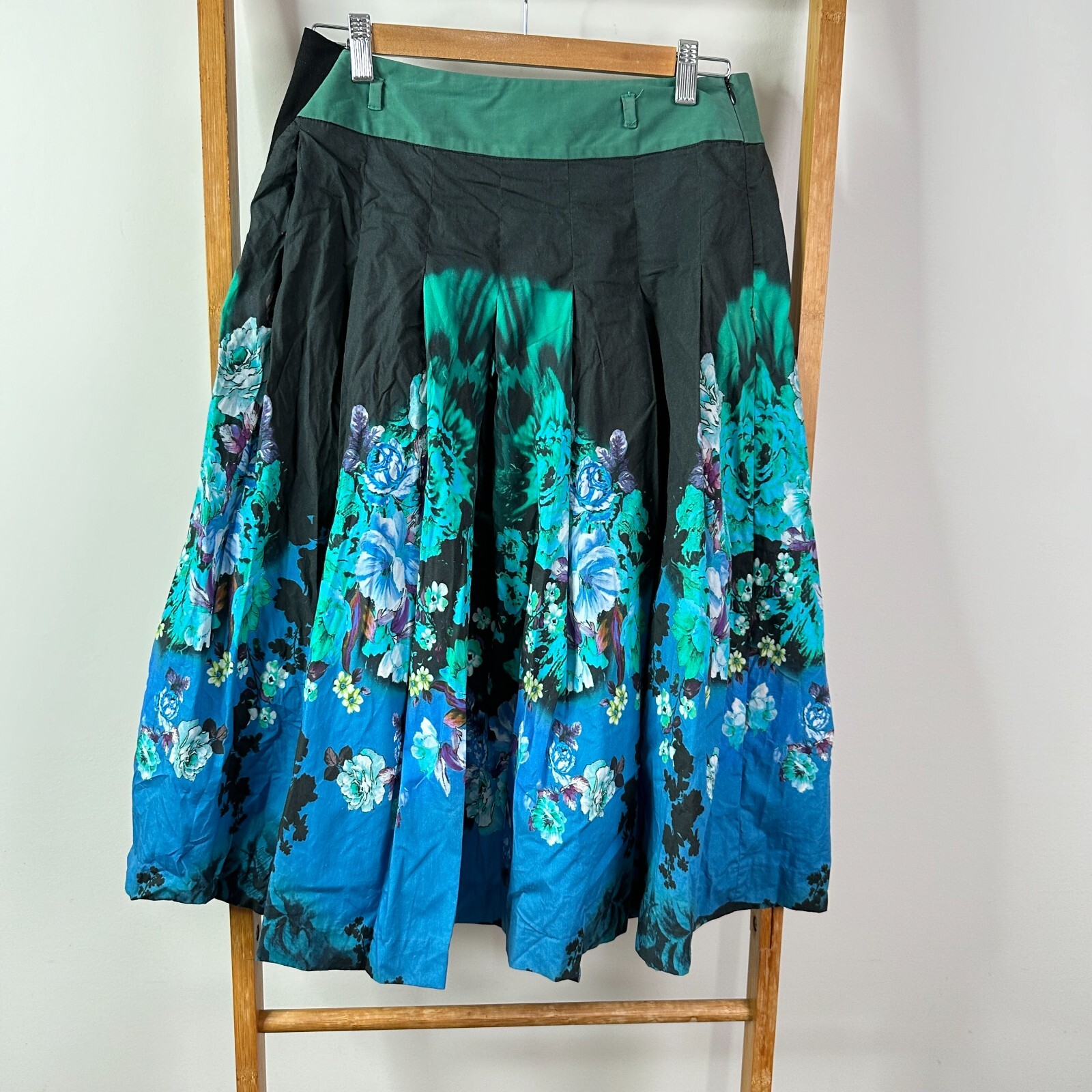 Anna Thomas Black & Blue Floral Pleated Cotton Midi Skirt - Women's Size 8 Mid Rise
