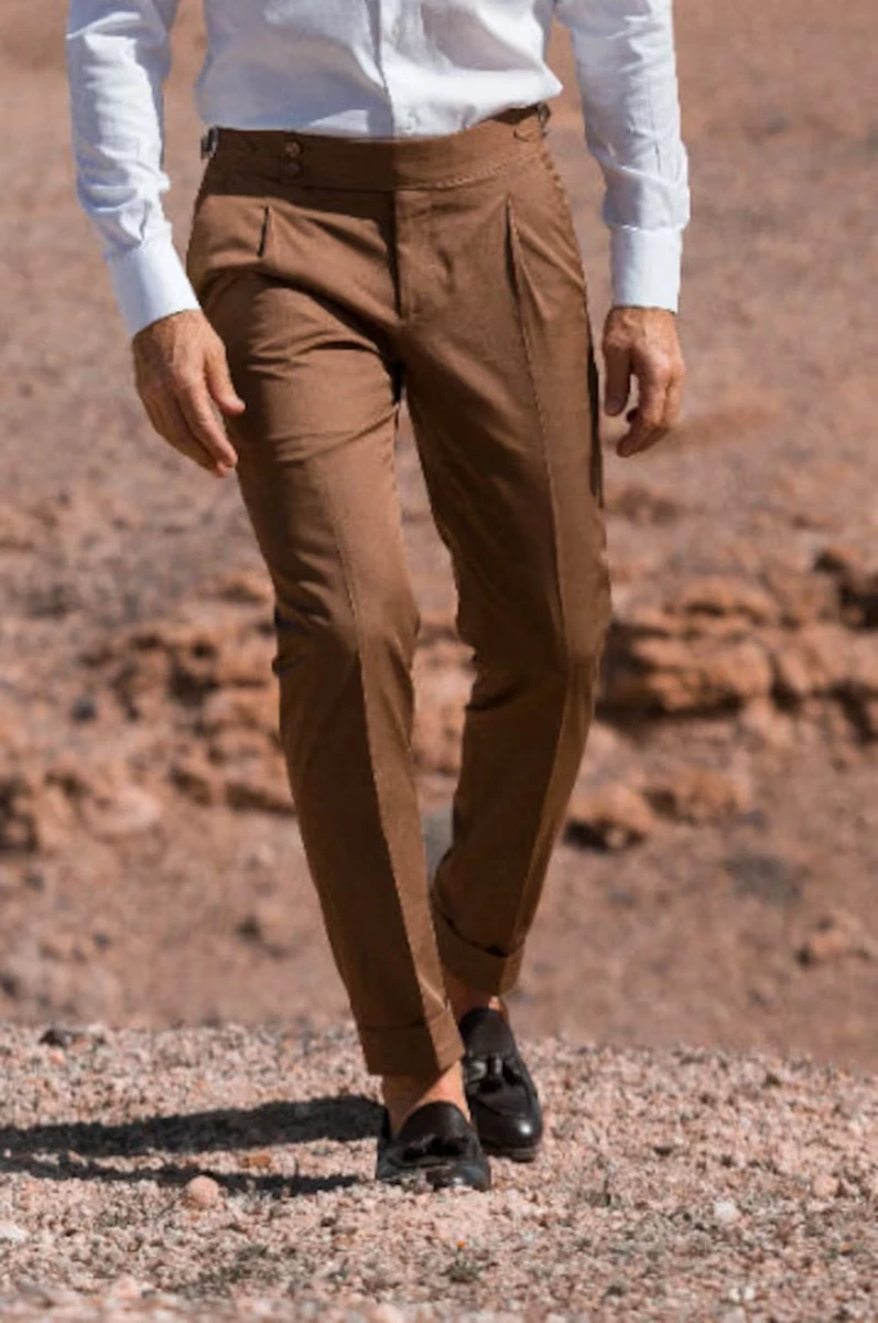 Mens Bespoke Work Trouser Double Pleated Side Closure Slim Fit Formal  Trouser