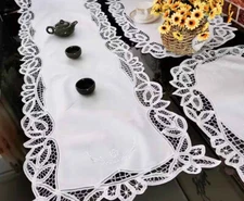Elegant Hand Batten Lace Flower Embroidery Cotton White Table Runner 40x130CM