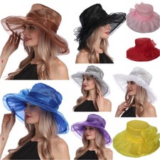Women Organza Church Hat Mesh Wide Brim Bridal Bowknot Cap for Wedding Party
