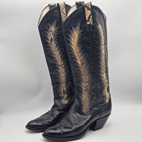Vintage Larry Mahan Black Snakeskin Knee High Almond Toe Cowgirl Boots Size 7 B - Picture 3 of 14