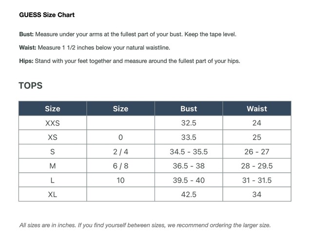 g by guess size chart