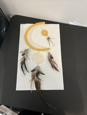 Handmade Crescent Moon Dreamcatcher   Yellow   Feathers  Shell   Wall Hanging