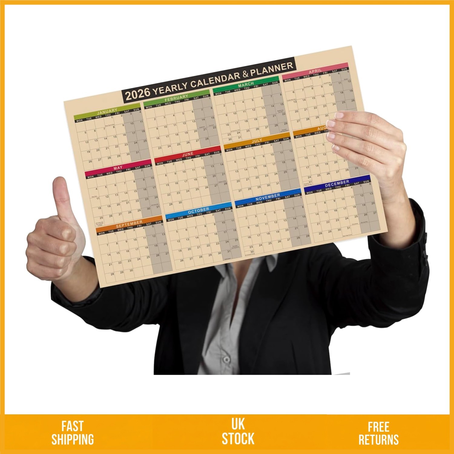 Vibrant 2026 Yearly Wall Planner Durable Desk Calendar 17x11 Inch Pack of 2