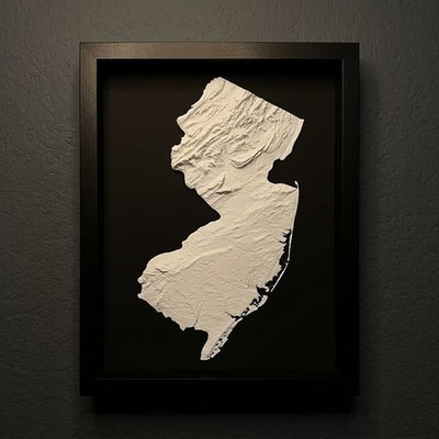 3D New Jersey Map Wall Art: Topography in Black Wood Frame