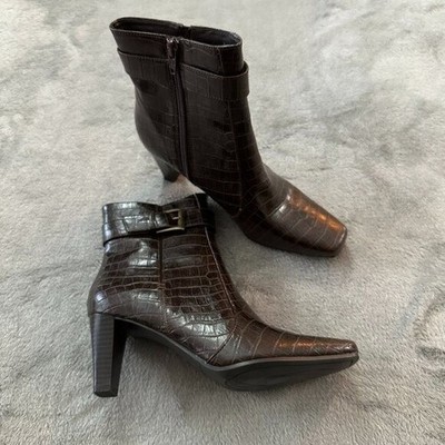 Vintage 90s Y2K Predictions Brown Croc Square Toe Ankle Boots Booties 6 Heels