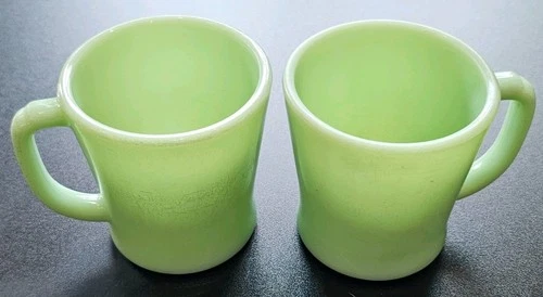 Pair Of Vintage Fire-King Jadeite D Handle Mugs Early 1950s Milk Glass