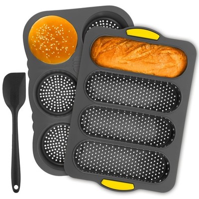 3 PCS Silicone Baguette Hamburger Bun Pan Set 4 Wave 6 Cup French Baking Mold