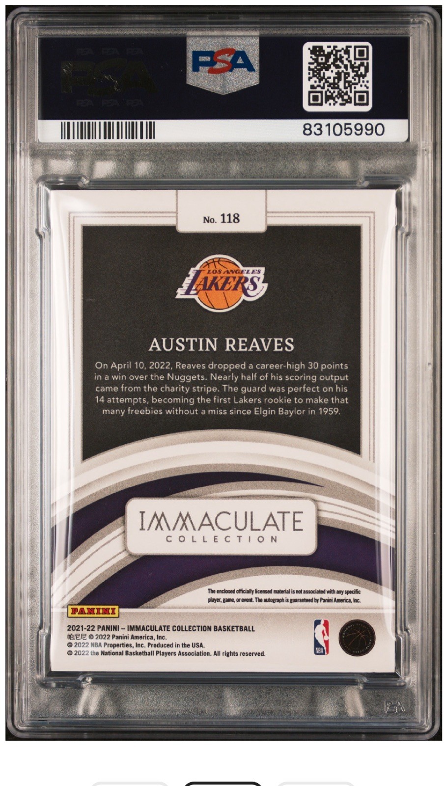 2021-22 Panini Immaculate Austin Reaves #118 Rookie RC Patch Auto RPA /49 view 2