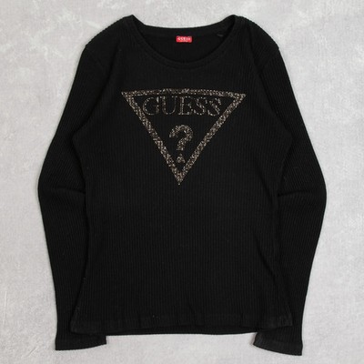 Guess Vintage Diamanté Logo Ribbed Knitted Jumper Medium Damen 2000s Black Y2k