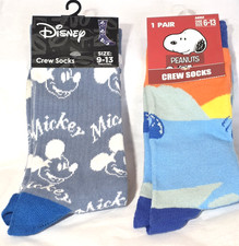 Disney Mickey Mouse & Snoopy Socks 2 Pairs crew socks size 6-13 Blue & White