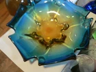 VINTAGE MCM VENETIAN MURANO HAND BLOWN ART GLASS BOWL Turquoise & Amber