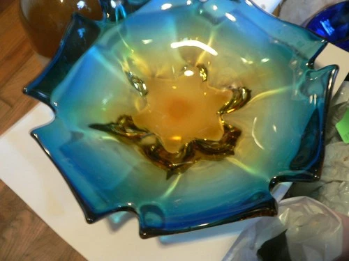 VINTAGE MCM VENETIAN MURANO HAND BLOWN ART GLASS BOWL Turquoise & Amber