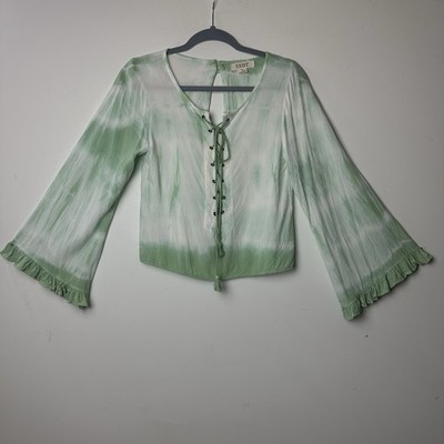 Y2K Peasant Top Tie Dye Green Bell Sleeve Woodsy Forest Fairy Whimsigoth Boho S