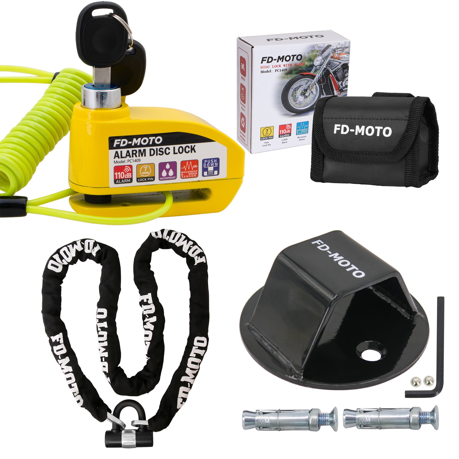 FD-MOTO 2.0M*10mm Chain U Lock & Motorcycle Ground Anchor CE Approved Disc Lock
