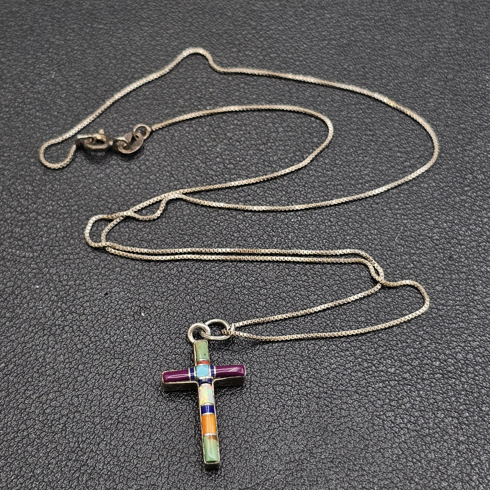 Vintage Sterling Silver Southwestern Inlay Gemstone Cross Pendant 18" 925 Chain