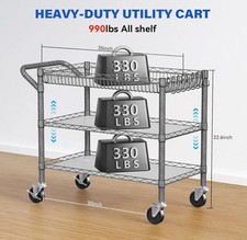 Heavy Duty Utility Cart with Handle 990lbs Capacity Metal 3 Tier Rolling Carts
