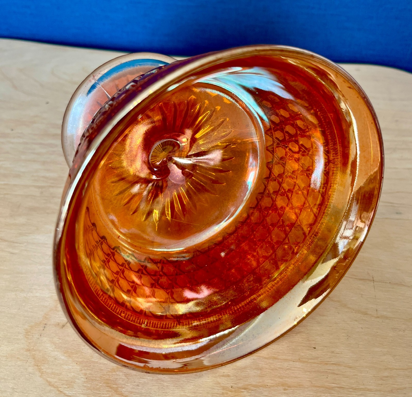 Vintage Marigold Carnival Glass Pedestal Bowl Compote Diamond Pattern Fruit Dish image 9