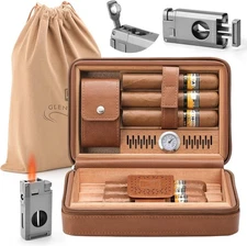Portable Travel Cigar Humidor Case, Leather Cedar Wood Lined Cigar Case with V C