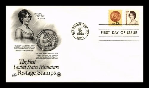 DR JIM STAMPS US COVER DOLLEY MADISON & INDIAN HEAD PENNY MINIATURE FDC COMBO