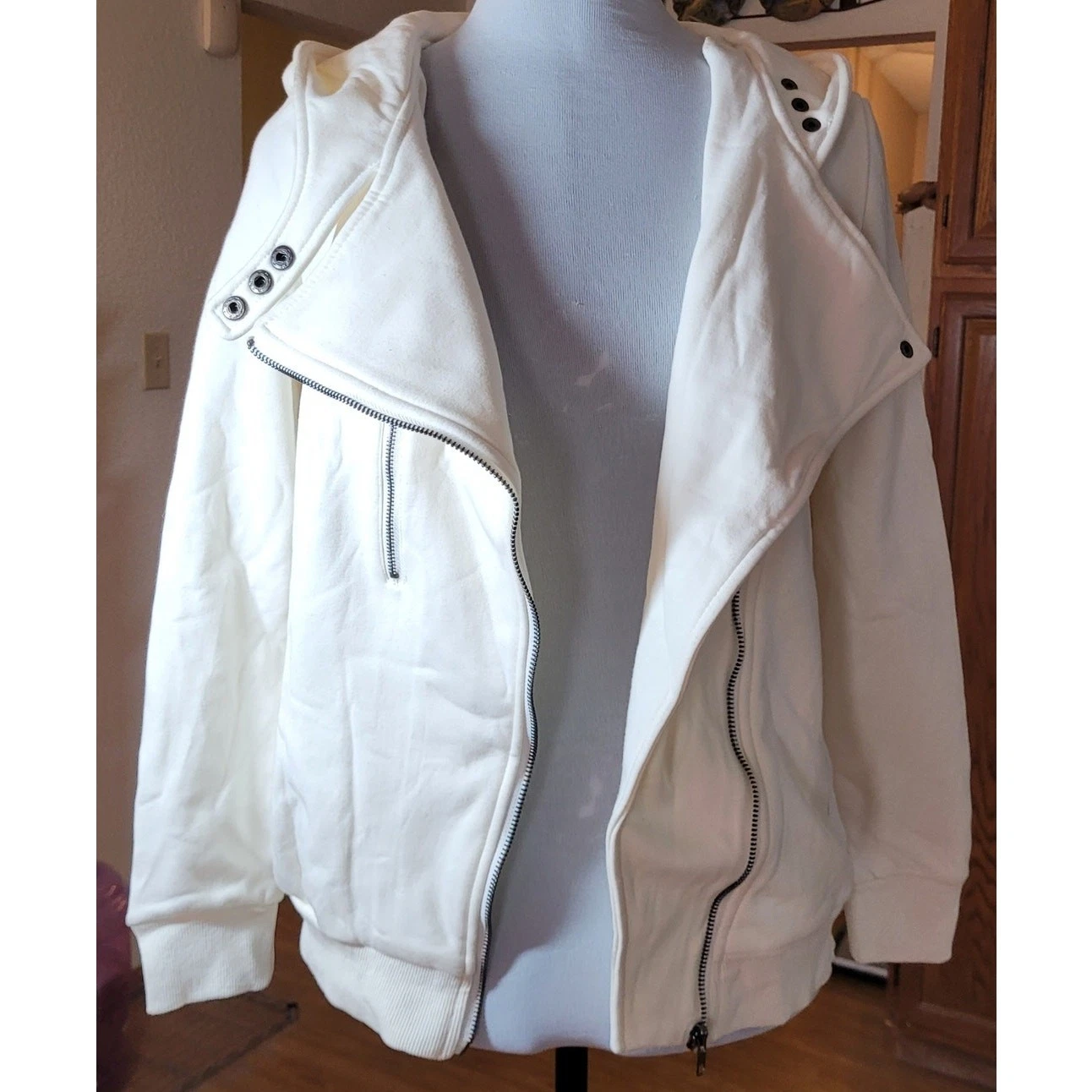 OFF WHITE Felpa donna moto con cappuccio piccola nuova con etichetta zip tasche panna minimalista spigolosa