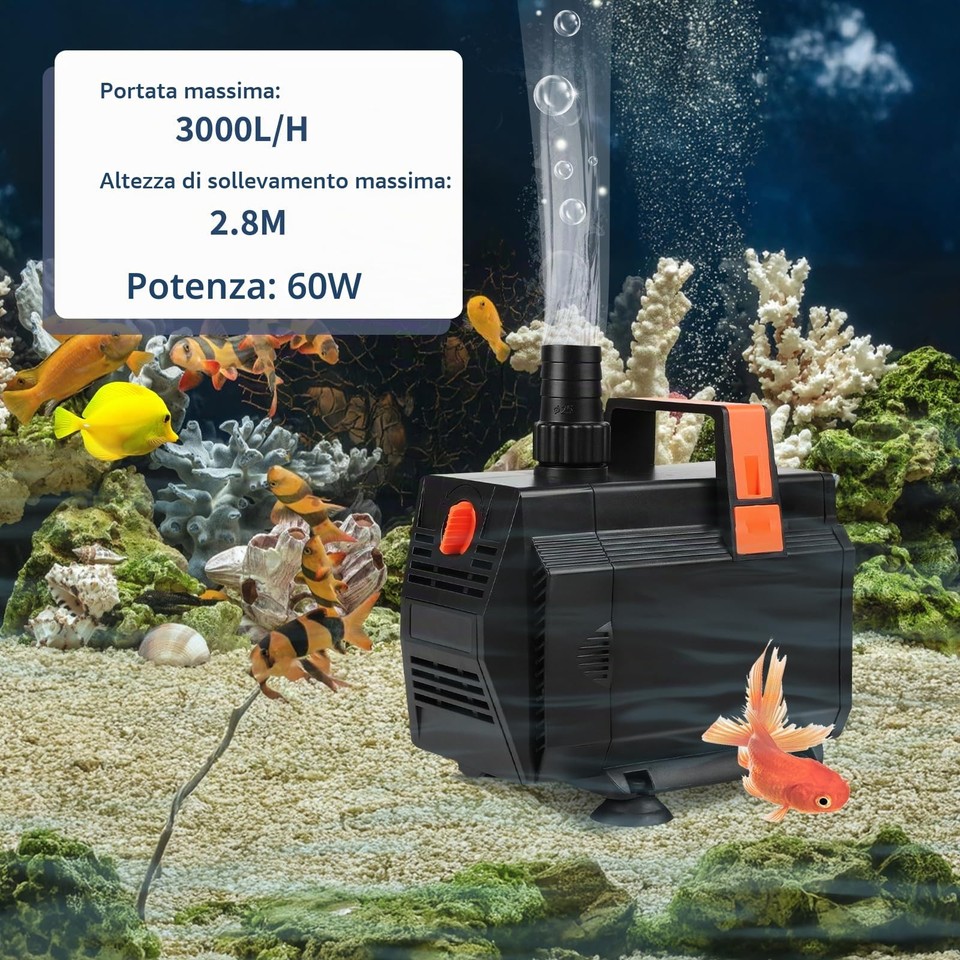 Pompa Acquario Laghetto 60W 3500L/H Anfibia con Filtro Nero Plastica | eBay