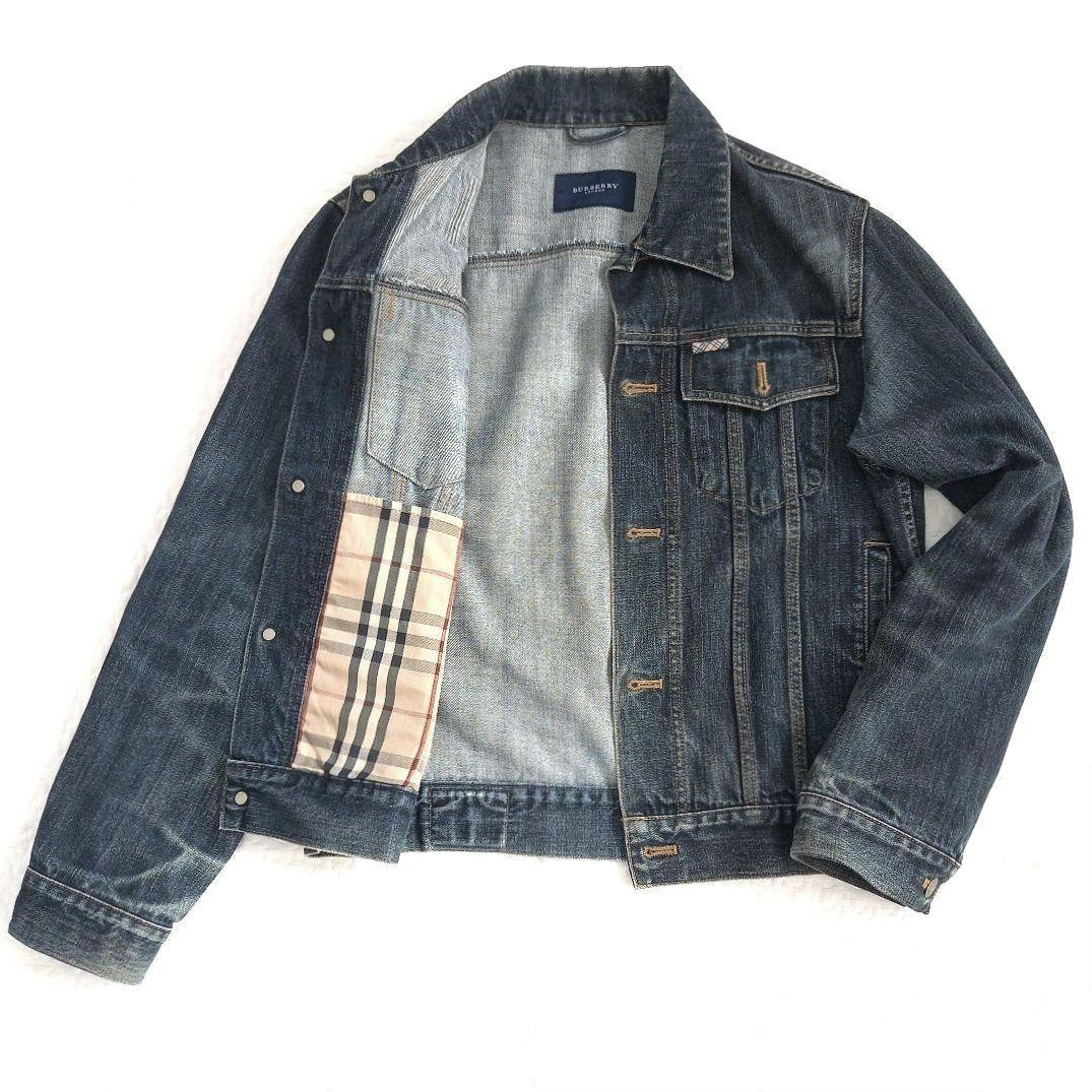 H*l様 BURBERRYLondonダークブルー デニムジャケットノバチェック BURBERRY LONDON Denim Jacket Men Vintage Indigo Nova Check Leather