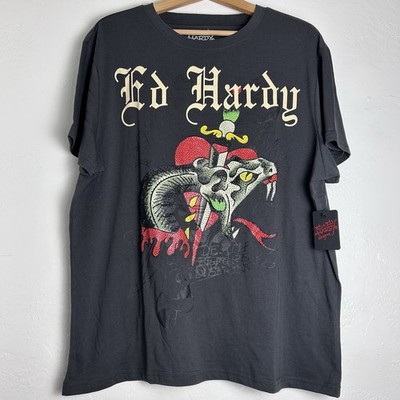 ED HARDY Rhinestone Dagger Snake Graphic Tee Shirt Gray Men's Size L *NEW* $85