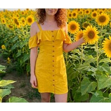 Forever 21 Mustard Yellow 100% Linen Cold Shoulder Ruffle Mini Dress Medium