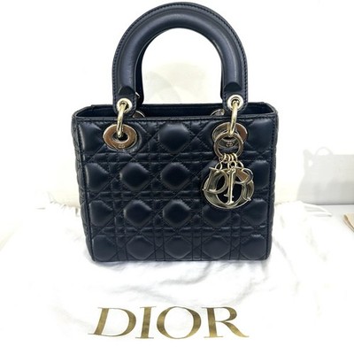 Genuine - Christian Dior Gold Lady Dior Bag Cannage Quilt Black Lambskin Medium