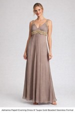 Adrianna Papell Taupe Beaded Empire Waist Gown Art Deco Formal Dress Size 8