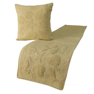 Decorative King Bed Runner Beige, Pearl Embroidery Linen - Off To The Sea