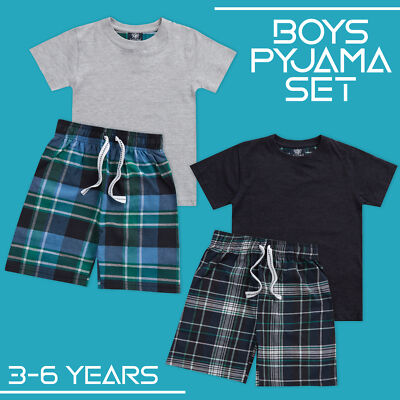 Kids Boys Tee T-shirt Shorts Set Pyjamas Lounge Set Check Bottoms  Years UK