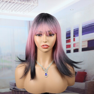 Ladies Shoulder-Length Gradient Black Pink Wig with Straight