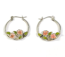 Sterling Silver Pink and Green Enamel Flower Hoop Earrings