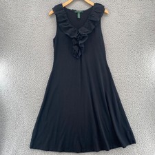 Lauren Ralph Lauren Dress Womens Medium Black Ruffle Neck Shift Eyelet Lace Knee