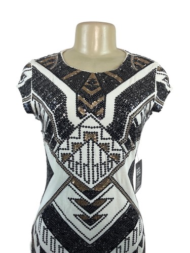 Mini vestido ceñido al cuerpo geométrico con lentejuelas blanco y negro Express para mujer talla S/P - Nuevo - Imagen 4 de 9