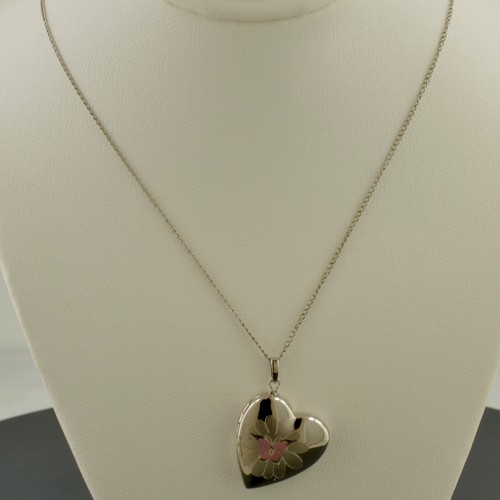 STERLING SILVER RHODIUM PLATED SATIN/POLISHED ENGRAVED HEART LOCKET NECKLACE - Picture 2 of 4