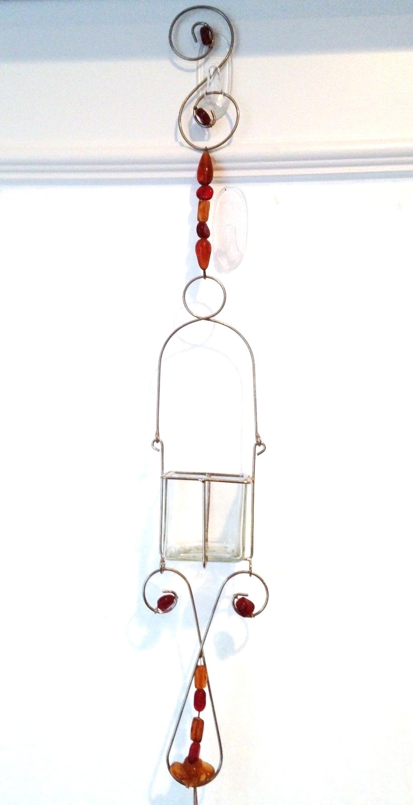 Silver Tone Orange Amber Beaded Glass Tea Light Holder Suncatcher