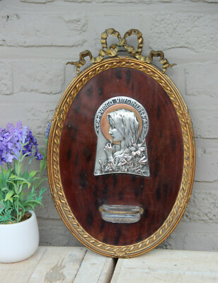 Rare antique French religious Holy water font plaque wood virgin mary medaillon 