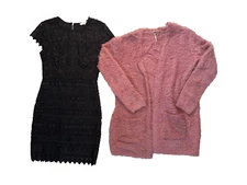 LOT of 2!  XS  Free People Pink Fuzzy Cardigan & Francesca's Black Crochet Dress