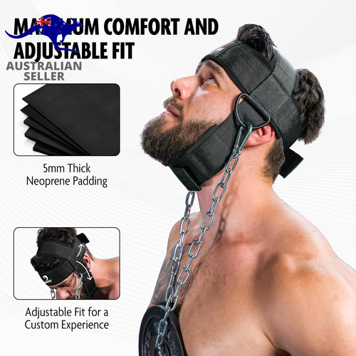 Neck Harness for Weight Training & Injury Recovery, Long Steel Chain and D-Rings - Picture 4 of 12