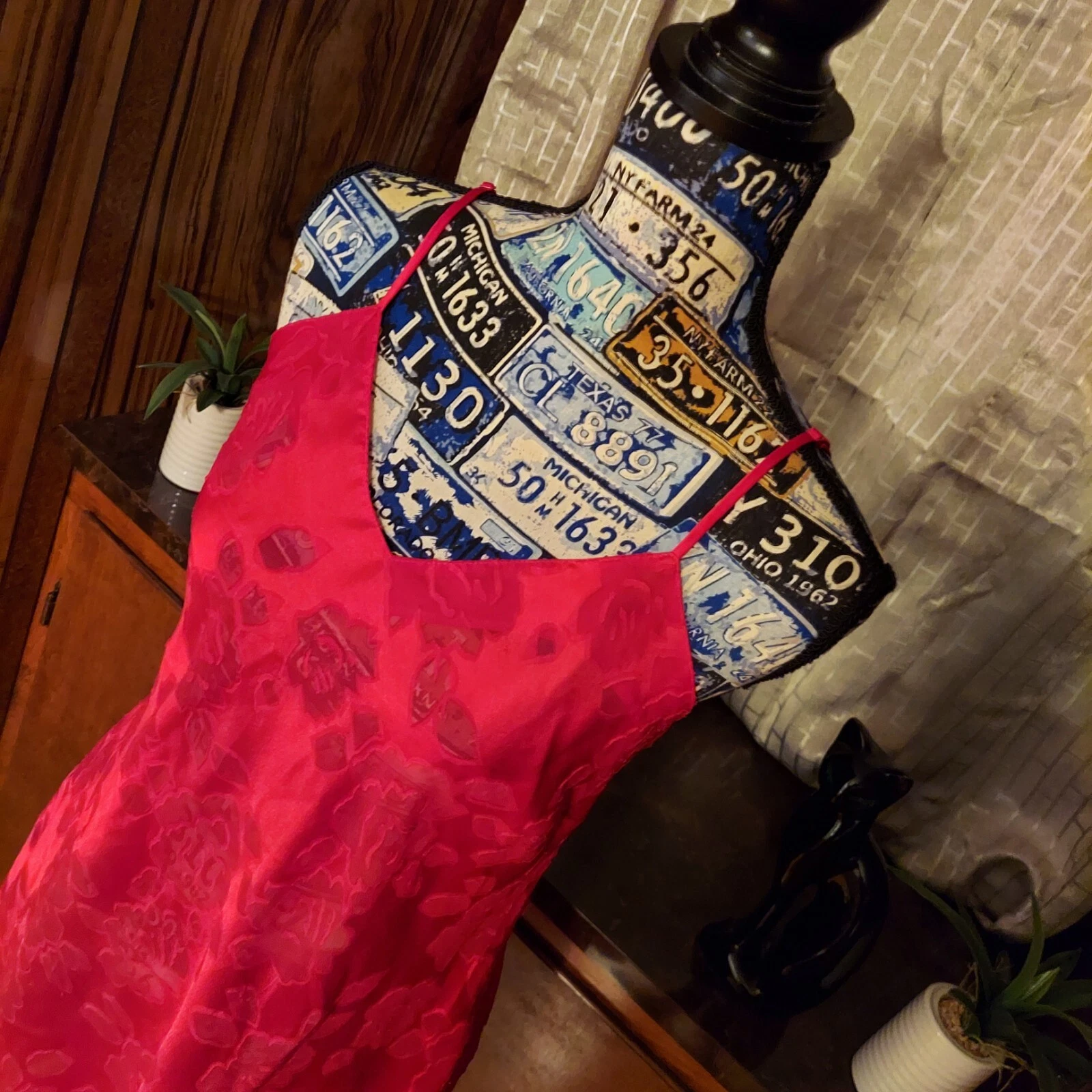 VALENTINO Abito slip vintage Victoria's Secret G Label rosso floreale con cinturini fiocco posteriore taglia S