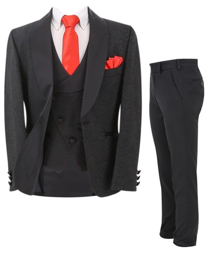Boys Tuxedo Patterned Suit Slim Fit Page Boy Wedding Formal 3 Piece Set - Picture 38 of 38