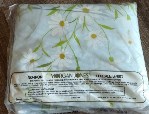 Vtg MORGAN JONES Percale Double Size FITTED & FLAT Sheets Lt Blue/Daisies UNUSED - Picture 5 of 5